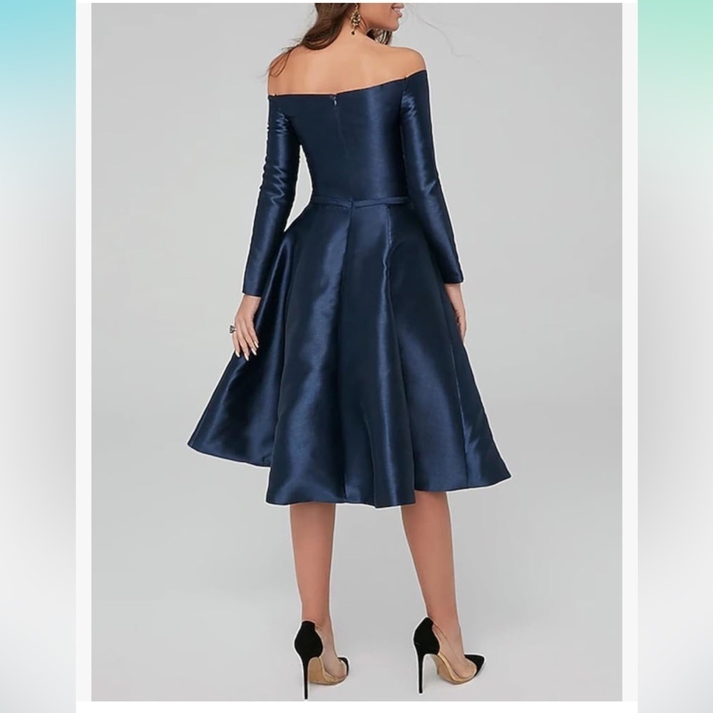 Blue Pleated Off-Shoulder Dress bow waist satin wedding guest formal cocktail - Picture 2 of 15